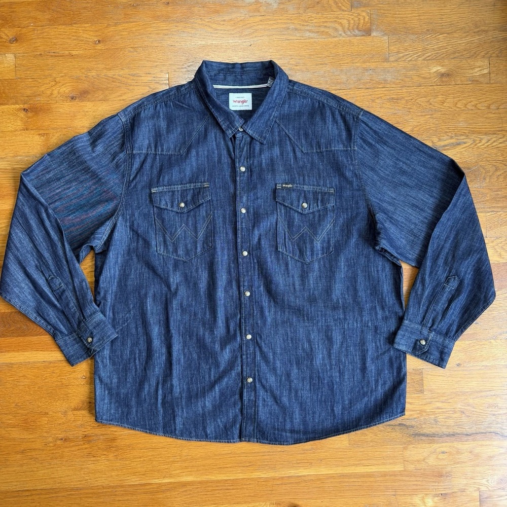 Wrangler‎ Pearl Snap Mens Denim Shirt XXL Blue Long Sleeve Indigo Western